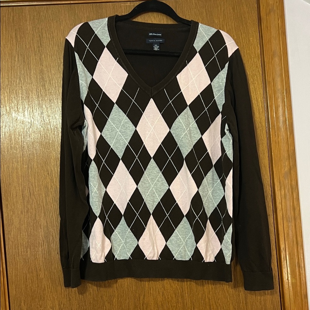 Tommy Hilfiger Brown, Pink, & Gray Argyle Sweater Size XXL Pima Cotton, see pics